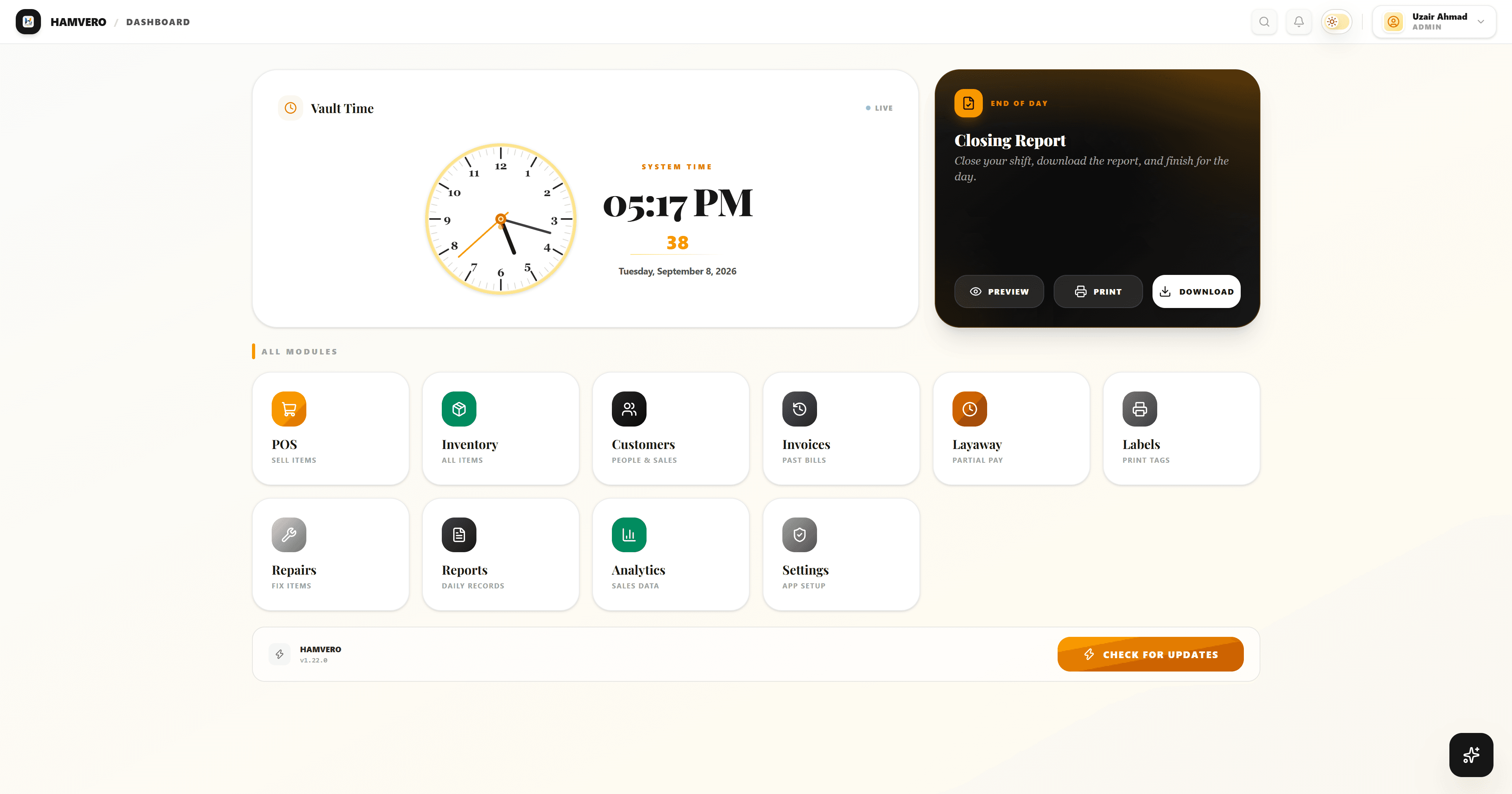 Hamvero POS enterprise retail system dashboard