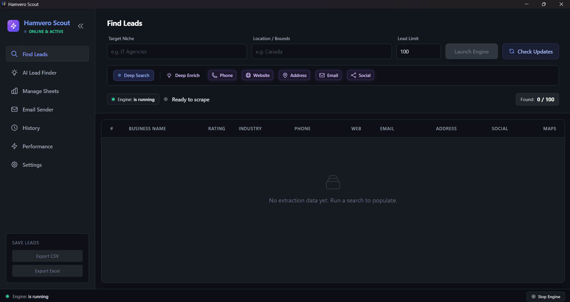 Hamvero Scout lead generation application interface